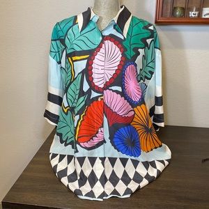 NWT Cynthia Rowley Getaway Cabana Diamond Floral 100% Silk Shirt Blouse